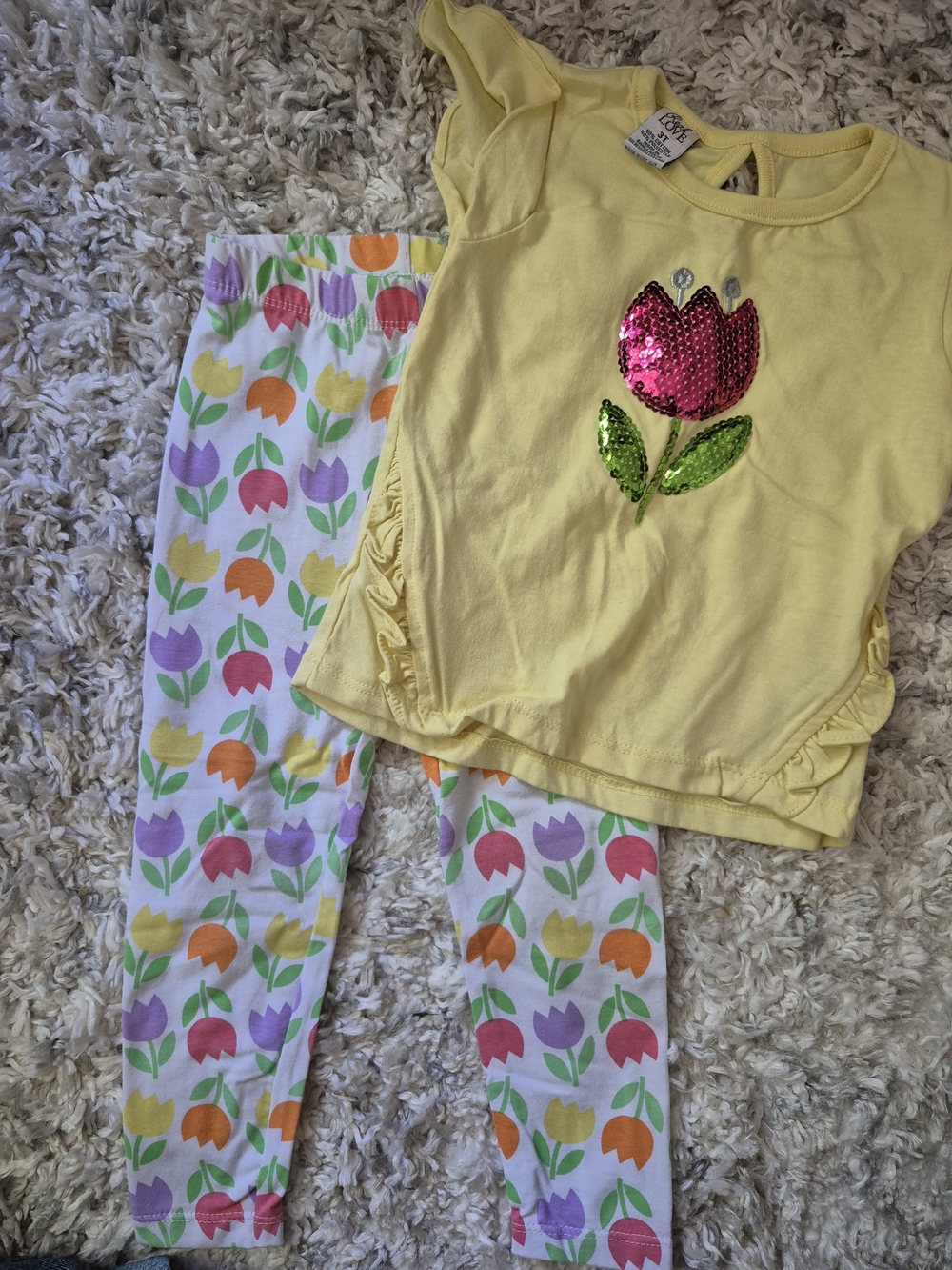 Love Yellow Sequin Tulip Top & Multicolor Floral Leggings Pajama Set
